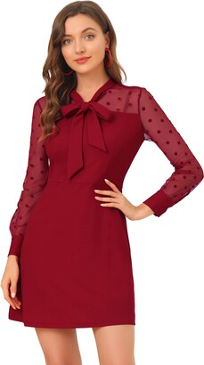 Allegra K Women's Mesh Sheer Panel Party Tie Neck A-Line Dots Mini Dress Red XL-20