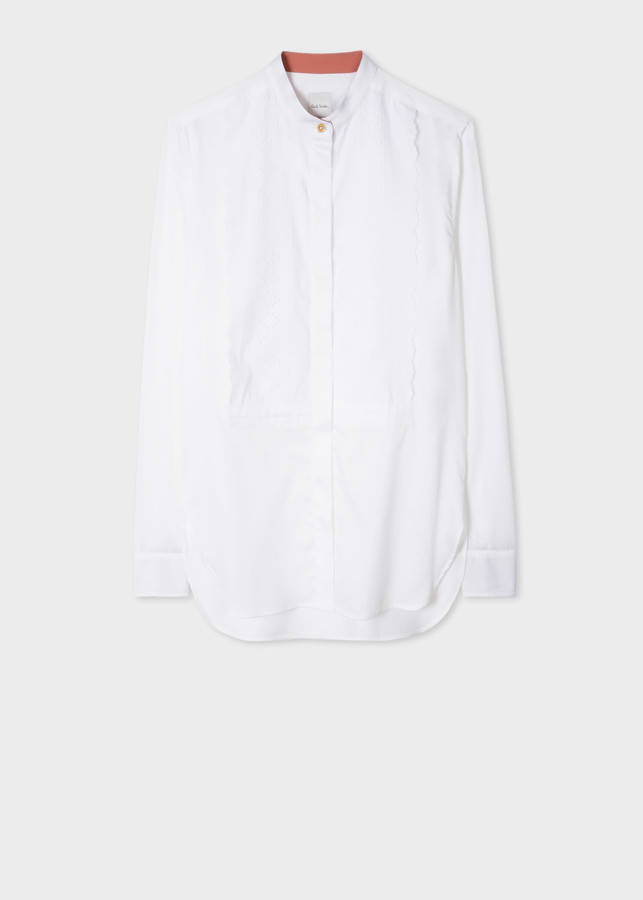 Women's White Band Collar Shirt With Broderie Detail ShopStyle Tops