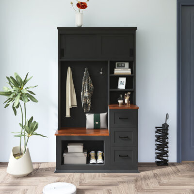 Modern Entryway Bench With Coat Rack, 3 Shelves And Drawers, 3 Sturdy Hooks, 40.2'' Wide Hall Tree With Storage Bench