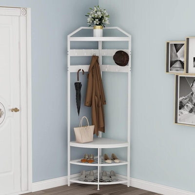 Hall Tree with Shoe Bench Entryway Coat Rack with 10 Metal Movable Hooks Freestanding Clothes Rack Shoes Shelf Organizer for Home Office Bedroom (Whit