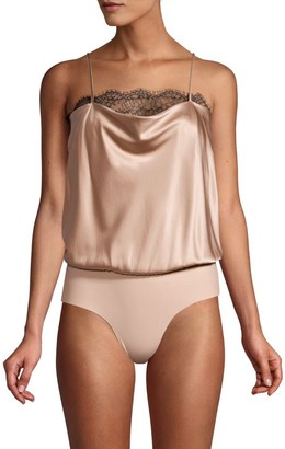 CAMI NYC Romy Lace Trimmed Draped Silk Bodysuit