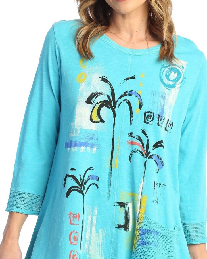 Jess & Jane Palmetto Mineral Washed Mesh Contrast Cotton Top In Aqua