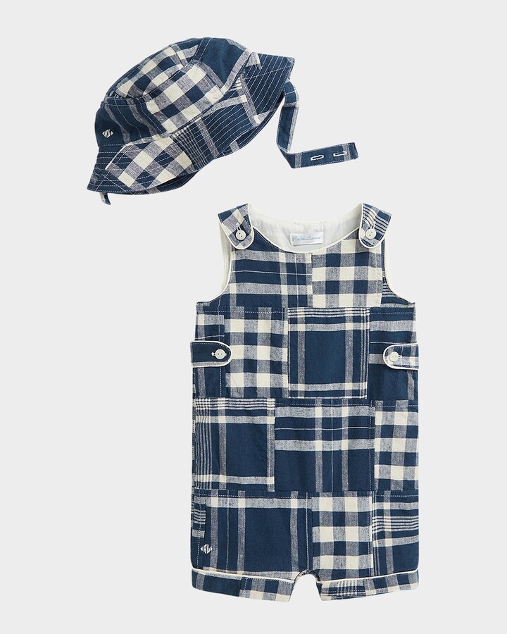 Ralph Lauren Kids Boy's Patchwork-Print Overalls & Hat Set, Size 3M-12M