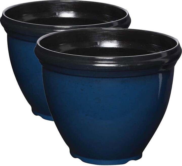 Southern Patio® Heritage 12 in. L x 12 in. W x 9.61 in. H Monaco Blue Outdoor Resin Round Glossy Planter (2-Pack)