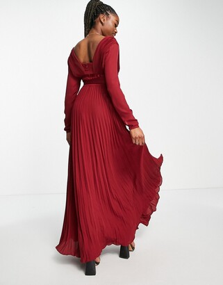 ASOS DESIGN Bridesmaid pleated long sleeve maxi dress with satin wrap waist in burgundy