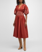 Thumbnail for your product : Merlette New York Dean Embroidered Puff-Sleeve Poplin Midi Dress