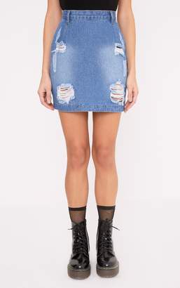 PrettyLittleThing Roschian Vintage Wash Super Distress Denim Mini Skirt