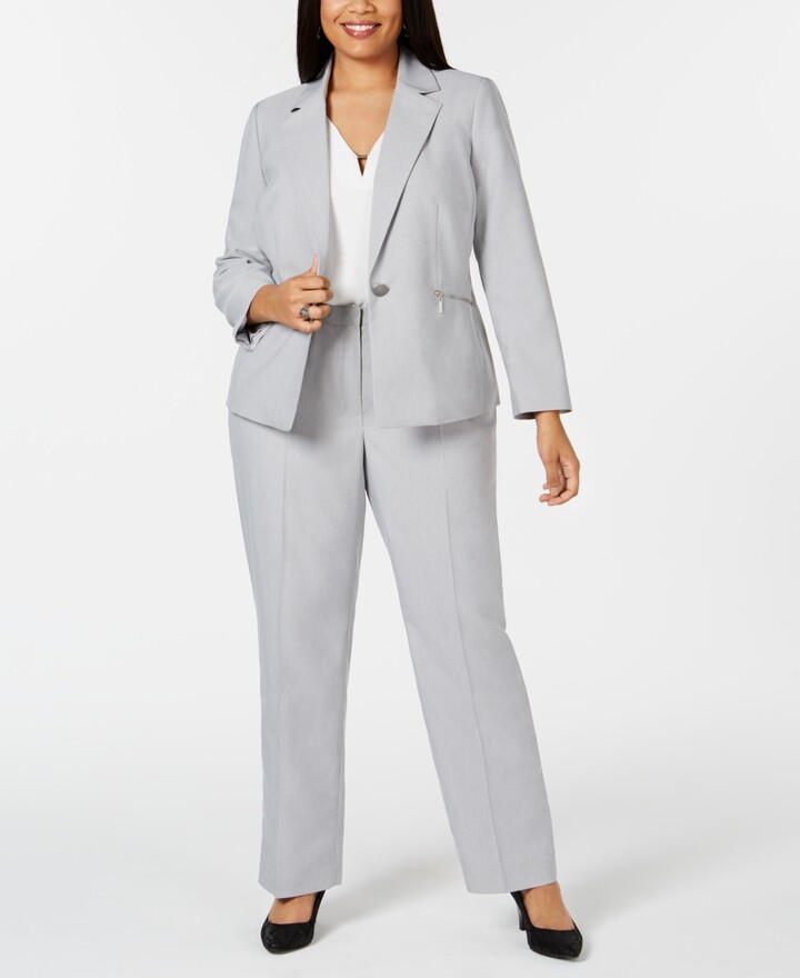Le Suit Womens Size Plus Stripe 3 Btn JKT Notch Collar Pant Suit 