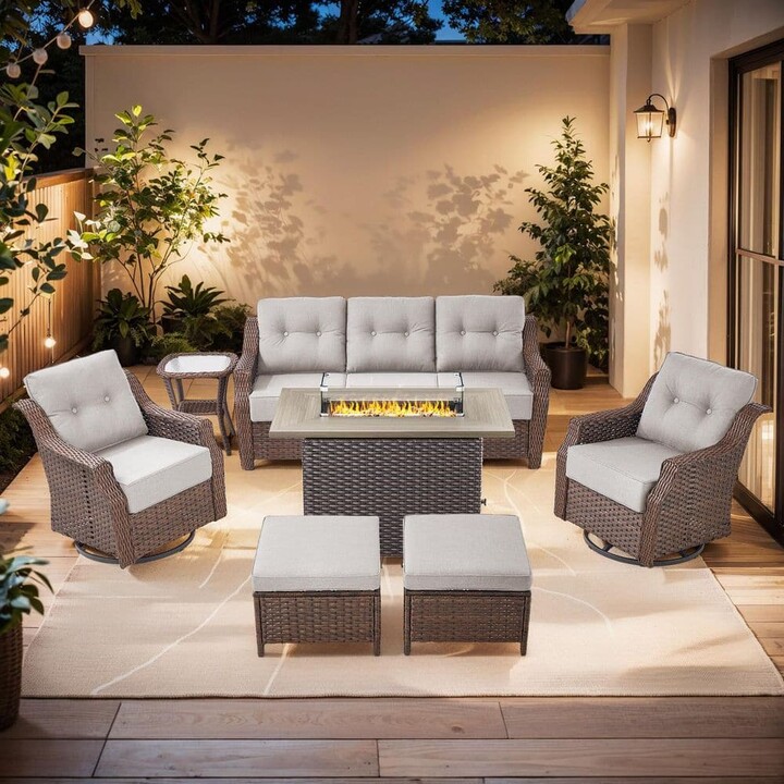 moosprr Modern Farmhouse 7-Piece Brown Wicker Fire Pit Conversation Set with 6 in. Beige Cushions and Patio Swivel Chairs
