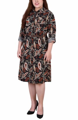 NY Collection Womens Plus Size 3/4 Sleeve Fit and Flare Dress with Solid Top and Printed Skirt