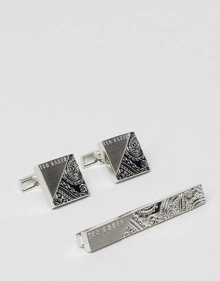 Ted Baker charmer paisley cufflinks & tie bar gift set in silver