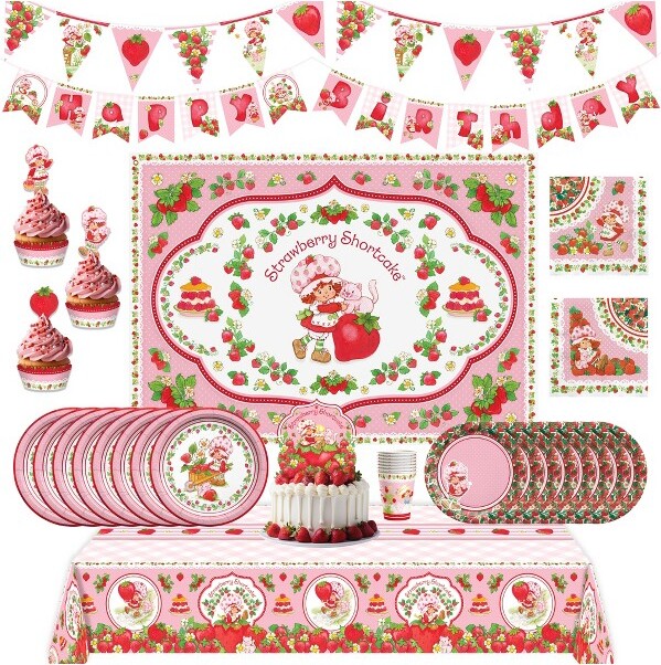 Treasures Gifted TreasuresGiftedStrawberryShortcakePartySupplies-Setfor24Guests-CakeTopperTableclothBannerBalloonsPhotoBackdropTableware