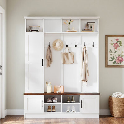 55" W 3-In-1 Hall Tree With 6 Metal Hooks, 3 Doors Storage Cabinets, Adjustable Shelves, Walnut Bench Seat