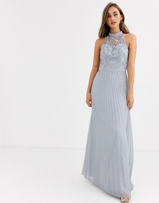 chi chi london lace embroidered top maxi dress with pleated skirt in wine