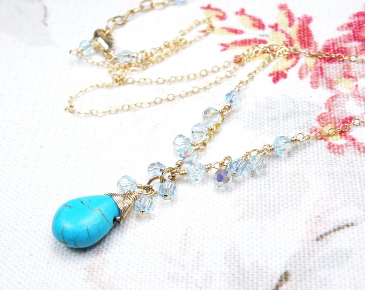 Etsy Teal Stone Necklace Gold Filled Turquoise Blue December Birthday Gift Swarovski Crystal Accents Birthstone Jewelry