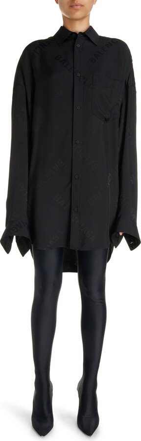 Balenciaga Logo Jacquard Cocoon Long Sleeve High-Low Shirtdress
