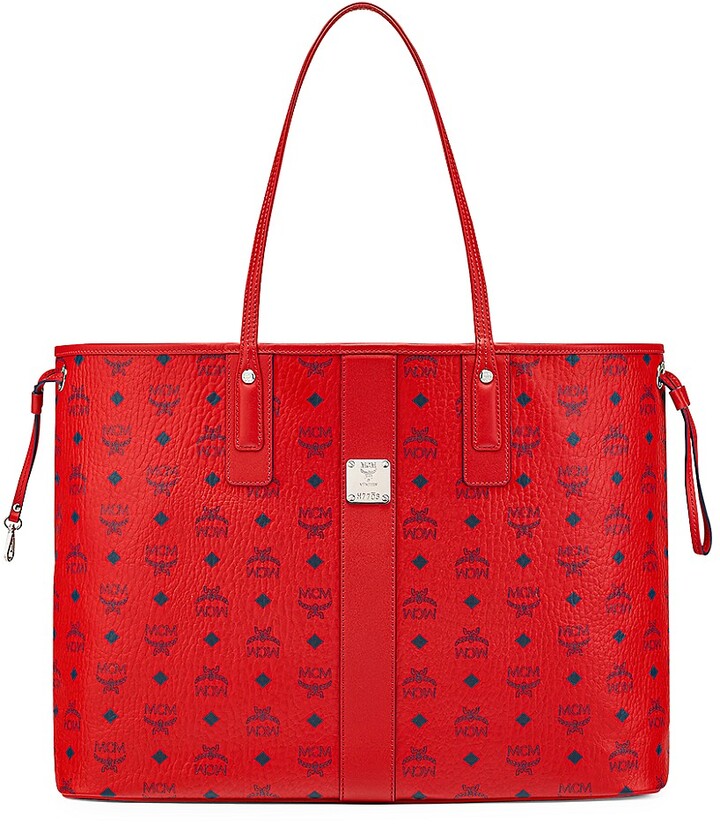 Mcm Pattern Print, Red Large Visetos Liz Reversible Tote Bag