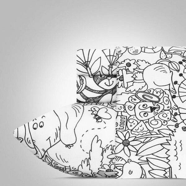 Highlights Twin300ThreadCountJungleJamboreeHiddenPicturesKids'SheetSet Microfiber,ModernAnimalPattern