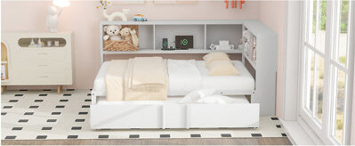 Latitude Run Metal Full Size Daybed With Trundle Storage Cabinets And USB Ports White