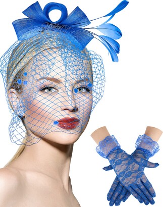 Boao Bowknot Fascinator Hat Feathers Veil Mesh Headband and Short Lace  Gloves Floral Lace Gloves - ShopStyle