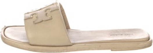 Tory Burch Leather Slippers Neutrals Leather & Rubber Trim Peep-Toes with Embroidered Accent Designer