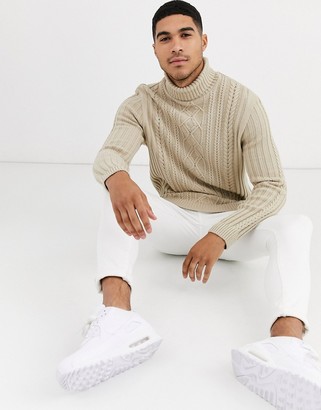 ASOS DESIGN knitted cable knit roll neck jumper in oatmeal