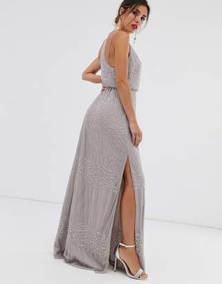 ASOS Design DESIGN wrap bodice maxi dress in linear and floral embellishment