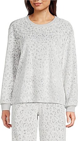 Long Sleeve Crew Neck Velour Animal Print Coordinating Sleep Top