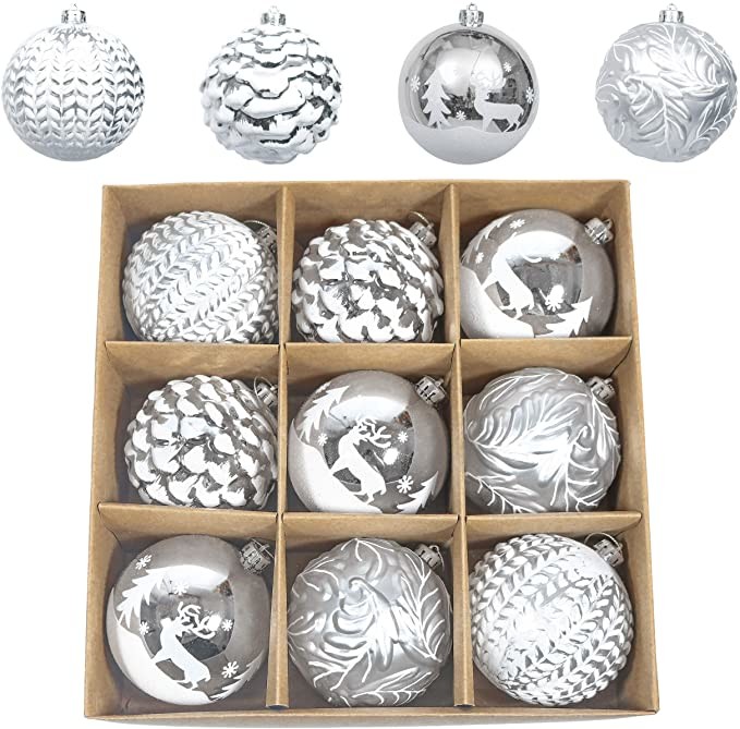 Valery Madelyn 9ct 100mm Frozen Winter Silver and White Shatterproof Christmas Ball Ornament, Large Christmas Tree Ornaments Decoration, Themed with Tree Skirt (Not Included)