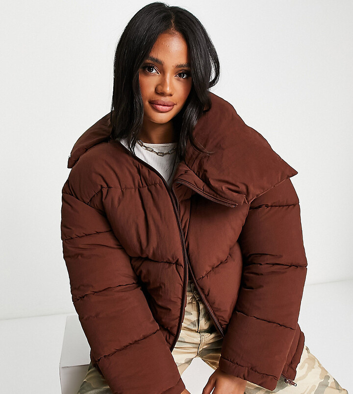 AsYou curved collar oversized puffer jacket in chocolate - ShopStyle