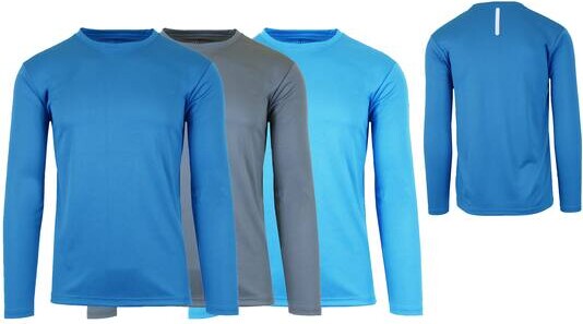 Galaxy By Harvic Long Sleeve Moisture-Wicking Performance Crew Neck Men's T-Shirt 3 ct in Medium Blue/Charcoal/Light Blue