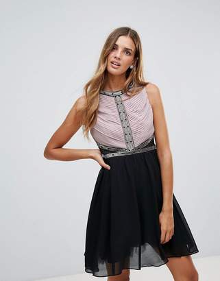 Little Mistress Pleated Embellished Mesh Insert Fit And Flare Dress
