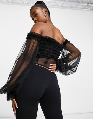 Lace & Beads exclusive off shoulder tulle top with corset waist in black