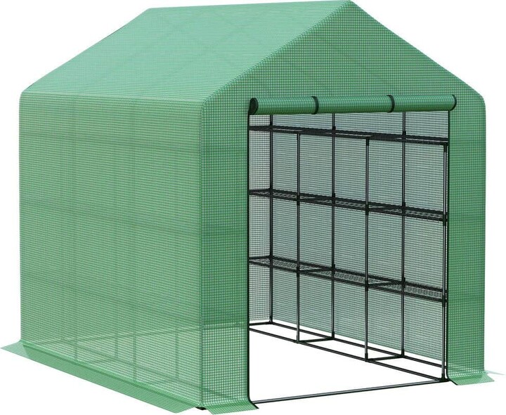 ToolCat 8 ft. x 6 ft. Walk-in Greenhouse for Outdoors with Roll-up Zipper Door, 18 Shelves, Portable, Humidity Seal, Green