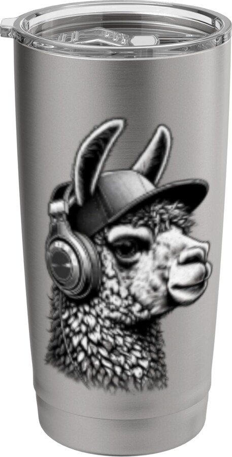 Funny Animal wearing Headphones Music Lover Llama w Headphones DJ - Music Concert Gear Audiophile Stainless Steel Insulated Tumbler