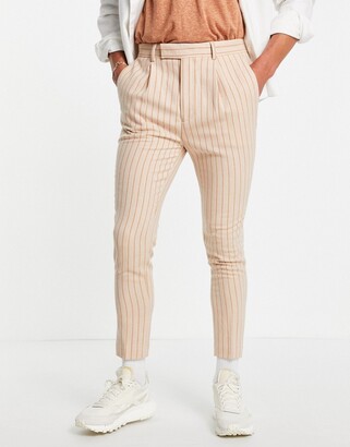 ASOS DESIGN wool mix tapered smart trouser in peach pinstripe