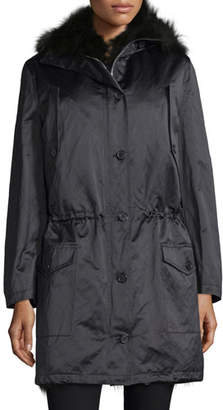 Michael Kors Button-Front Anorak Jacket W/Fur Hood, Black