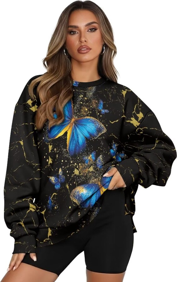 ZIATUBLES Gold Black Marble Blue Butterfly Print Womens Oversized Sweatshirt Crewneck Pullover Top Comfy Long Sleeve Sweater with Pocket Sweatshirts Fall Winter Hoodies