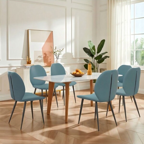 Setof6UpholsteredDiningChairswithMetalLegs,ModernBlueLeatherKitchenChairsforDiningRoom,Restaurant,orLivingRoom-Panipeachy