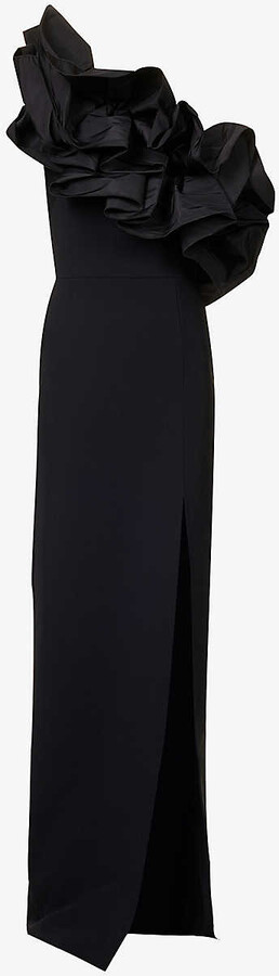 Greta Constantine Ruffle-overlay asymmetric slim-fit stretch-woven gown ...