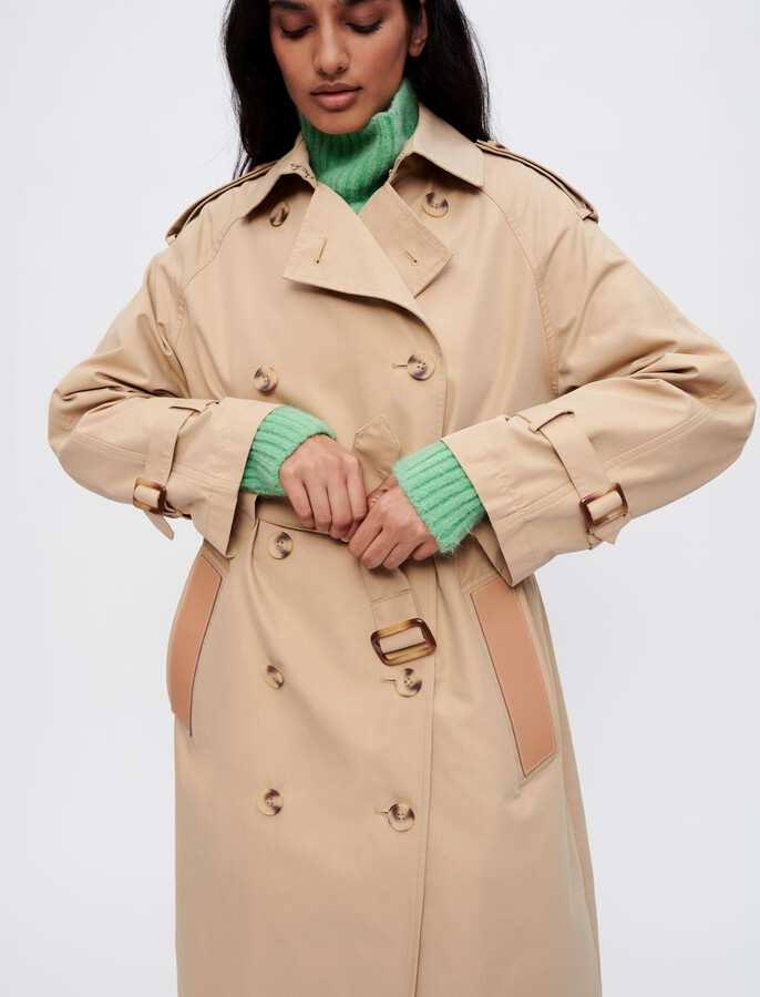 Maje Belted trench coat with leather patches - ShopStyle