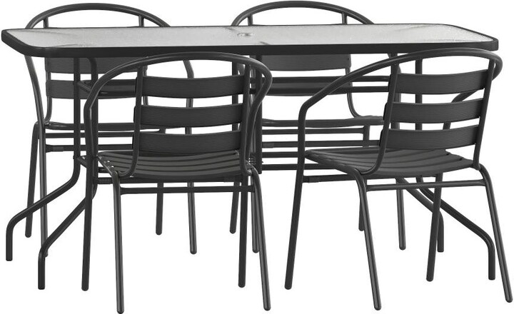Emma+oliver Patio Table & Chairs Set With Rectangular Metal Table With Tempered Glass Top And Stacking Chairs