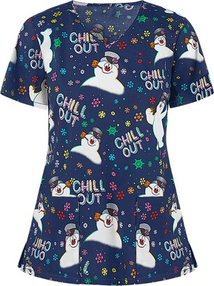 CUTUDU Tunic Tops Women's Holiday V Neck Shirts Christmas Printed Blouses Short Sleeve Ladies Scrub Working Thanksgiving Healthcare Uniform Xmas Shirts (Navy-B XXL)