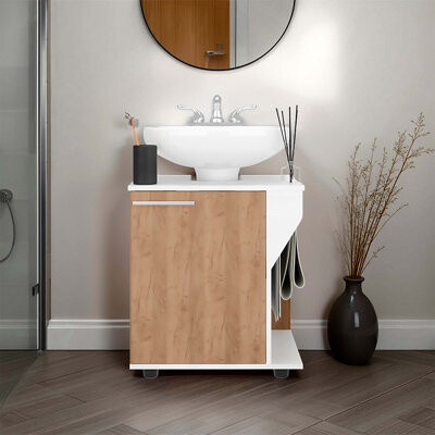 Latitude Run White and Natural Oak Under Sink Storage Cabinet with Multiple Compartments for Organized Bathroom Essentials
