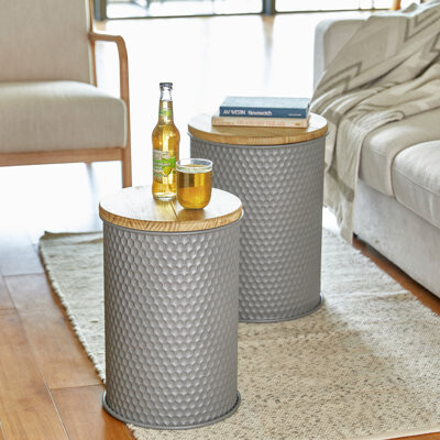Steelside™ Nicky Solid Wood Drum Nesting Tables with Storage