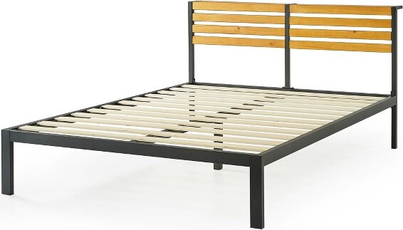 KingKASIMetal&WoodPlatformBedFramewithBuilt-InHeadboardShelfMellow
