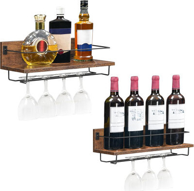 17 Stories Wall-Mounted Wine Rack Set Of 2, Floating Bottle & Glass Holder Shelves, Rustic Brown & Black