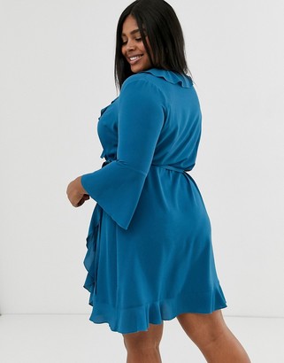 Outrageous Fortune Plus ruffle wrap dress with fluted sleeve in pale blue