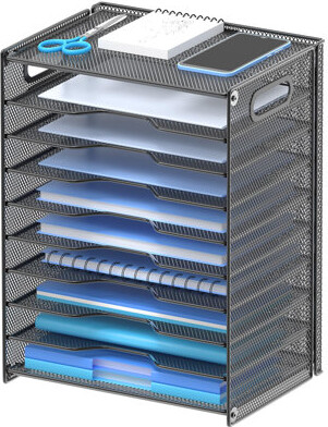 10 Tier Paper Organizer - Letter Tray Mesh Desk File Organizer With Handles For Office School Desktop, Black