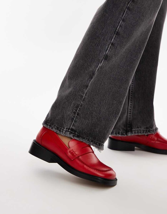 Topshop Cole premium leather square toe loafers in red